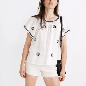 Madewell White Embroidered Flutter Sleeve Blouse with Black & Pink Accents